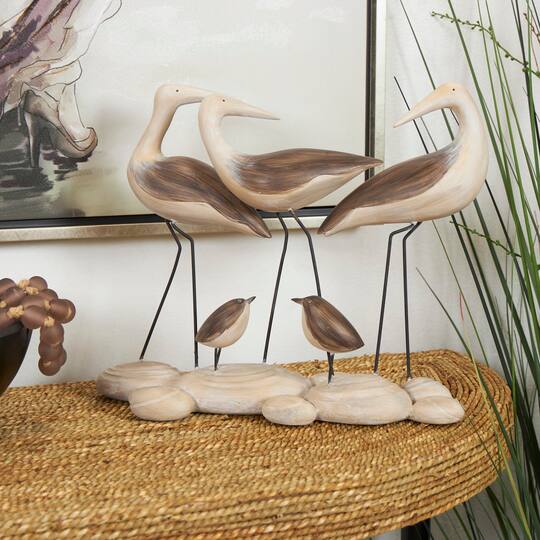 14" Brown Polystone Bird Family Sculpture with Cream Rock Base